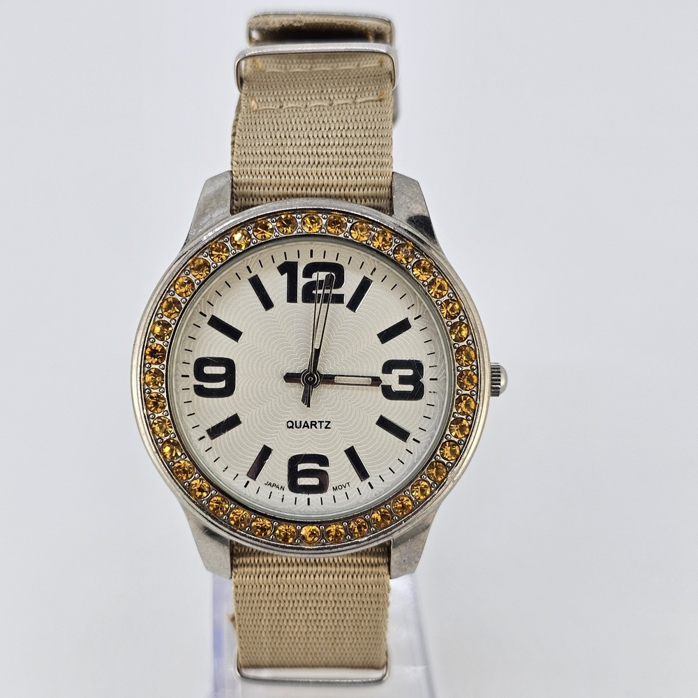 Women Analog Watch 40MM White Dial Crystal Bezel NEW Tan Canvas Band NEW Battery